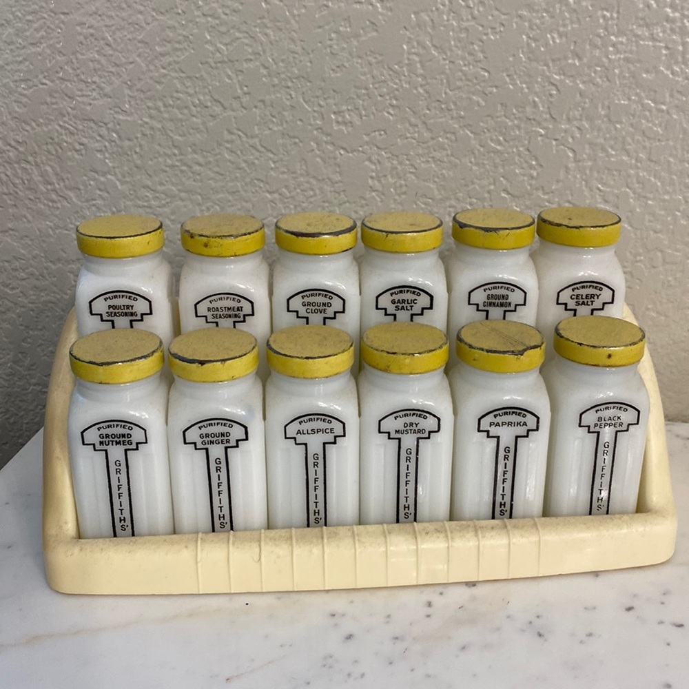Vintage spice jar with rack milk glass